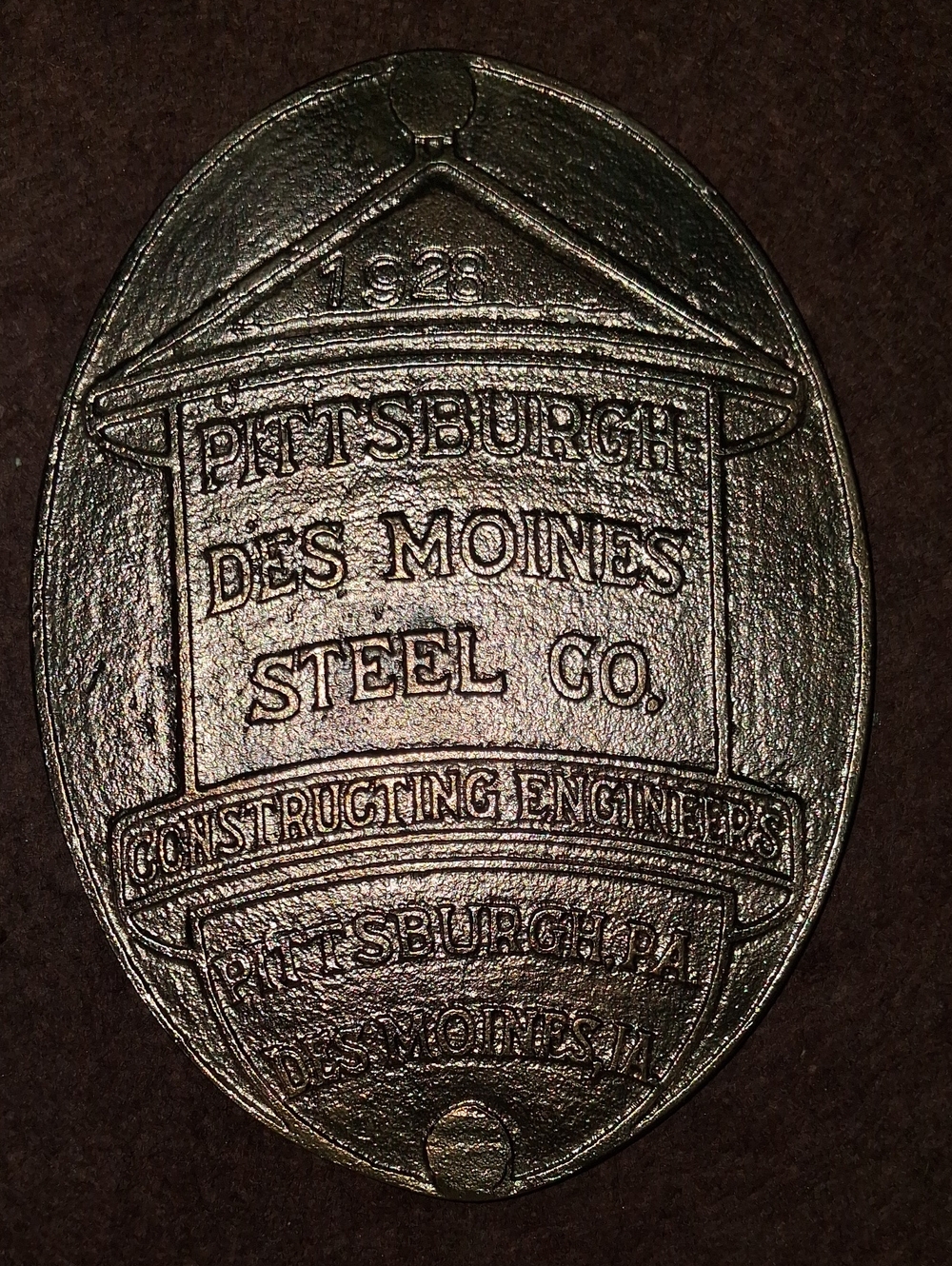 Pittsburgh Des Moines Steel Co. Oval Metal Plaque - Metallic Bronze